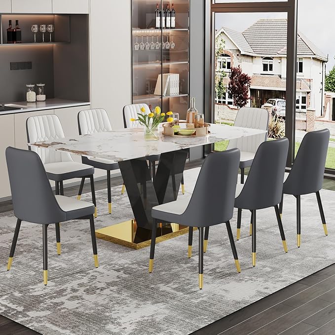 71'' Dining Table Set for 8,Marble Dining Table Set,Modern Kitchen Table with 8 PU Leather Chairs,Gold Dining Room Table Set with V-Shaped Black Glossy Pillars,Ideal for Kitchen Dining Room