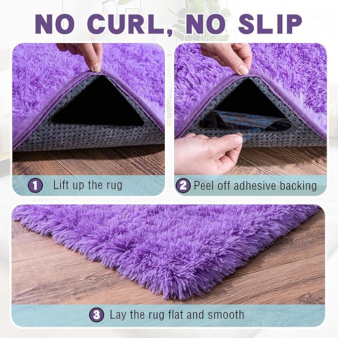 3x5 Area Rug for Bedroom, Purple Rugs for Living Room Nursery Kids Room Dorm Home Decor Aesthetic, Fluffy Shaggy Rug with 4 Anti-Slip Carpet Tapes
