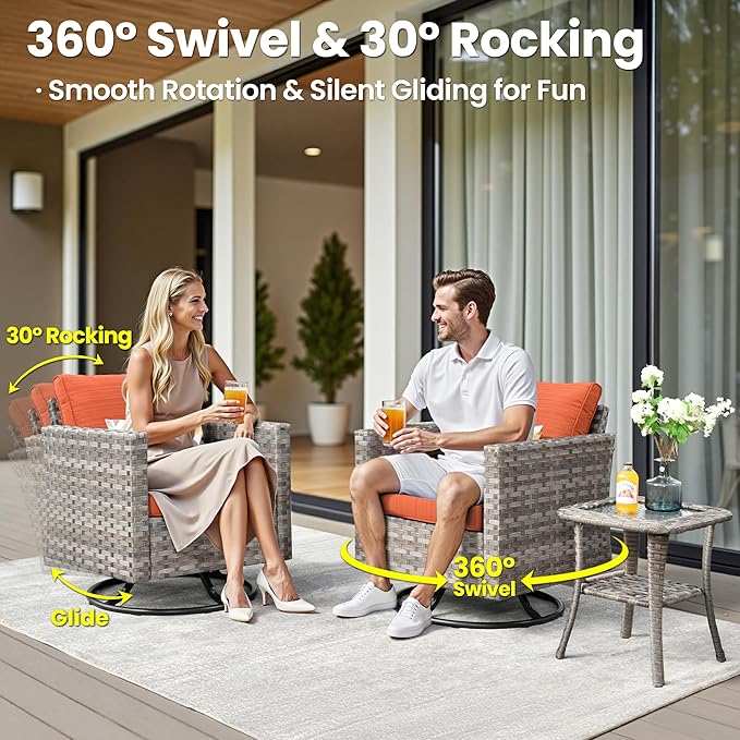 ovios 10 Pieces Patio Furniture Set, Outdoor Wicker Sectional Sofa with 30" Fire Pit Table Swivel Chairs, Modern Modular Deep Seat Rattan Couch Conversation Sets, Orange Red