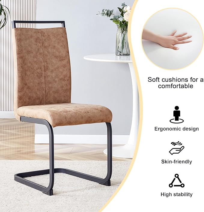 Wooden Dining Table Set for 6, 63" Modern Rectangular Wood Grain Table with Faux Leather Cantilever Dining Chairs, Upholstered High Back Kitchen & Dining Room Furniture