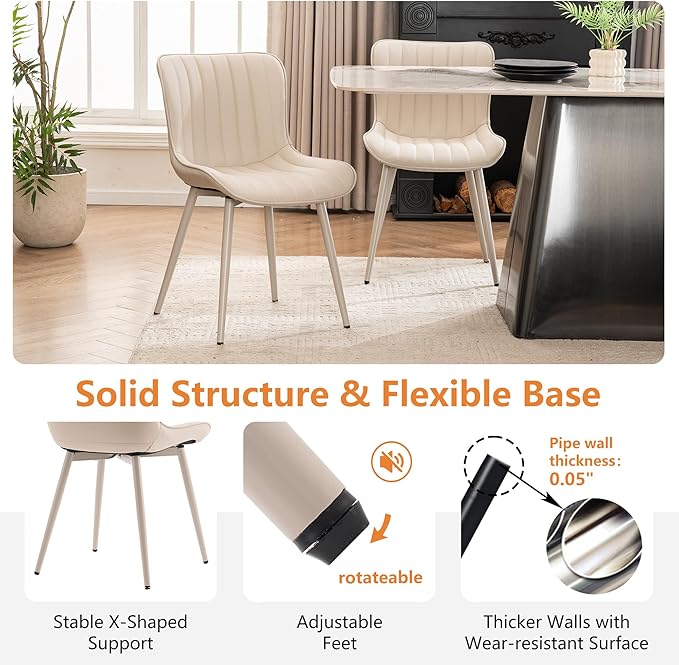 YOUNUOKE Mid-Century Modern Dining Chairs Set of 2, Cream PU Leather Upholstered Kitchen Chairs with Cream Metal Legs, Armless Accent Chair for Dining Room, Guest Reception Room