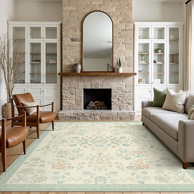 GENIMO 8x10 Area Rugs for Living Room, Machine Washable Non Slip Vintage Rugs, Low Pile Lightweight Chenille Print Rug for Bedroom, Dining Room, Home Office, Beige/Green