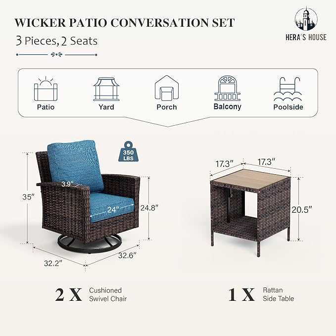 Oversized Patio Wicker Chairs, High Back Outdoor Swivel Chairs Set of 2 with Rattan Side Table, 5.5" Thick Cushions, 3-Piece Patio Furniture Sets for Deck Porch Pool, Brown/Blue