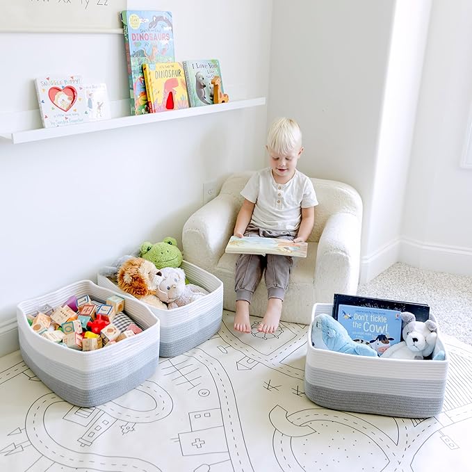 NaturalCozy Storage Baskets 16.8”x13”x7.6” Cotton Rope Woven Baskets for Organizing 3-Pack | Toy Storage Bins | Basket for Shelves, Laundry, Blanket, Clothes, Closet, Kitchen, Bathroom, Gifts