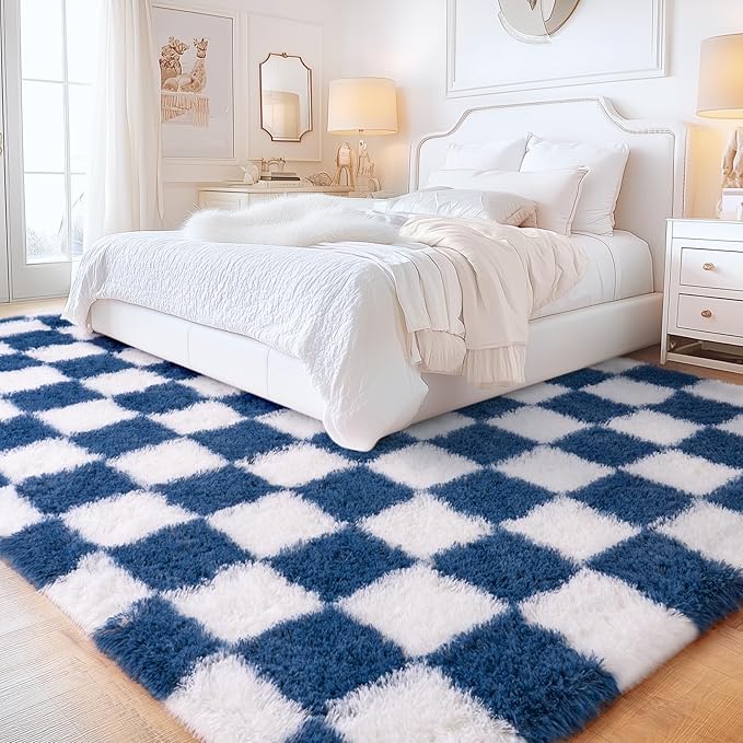 Checkered Rug for Living Room 8x10, Ultra Fluffy Fuzzy Shag Large Area Rug for Bedroom, Modern Plush Soft Upgrade Non-Slip Carpet for Kids Girls and Boys Room Dorm Home Decor, Navy and White