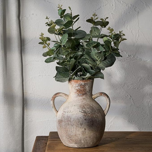 SIDUCAL Rustic Ceramic Farmhouse Flower Vase with 2 Handles, Whitewashed Terra Cotta Vase, Decorative Pottery Flower for Home Decor, Table, Living Room, Shelf Decor, 7.3 Inch, Terra