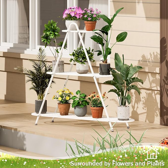 3-Tier Plant Stand, Heavy Duty Metal Planter Rack - White Indoor/Outdoor Shelves with Large Tier’s Shelf - Display Multiple Flower Pots, Iron Plant Organizer for Living Room, Patio & Garden
