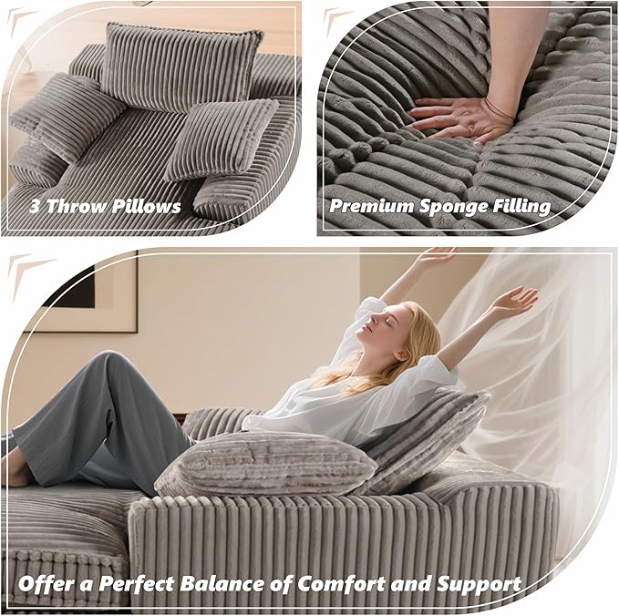 Oversized 67" Chaise Lounge Chair Indoor, Corduroy Upholstered Deep Seat Sofa Couch, Cloud-Soft Boneless Lounger, Comfy Reading Chairs for Living Room & Bedroom, No Assembly Required (Grey)