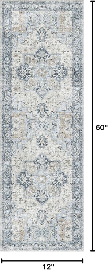 GENIMO Runner Rug 2x5, Machine Washable Non Slip Vintage Runner Rug, Low Pile Lighrweight Rugs for Entryway, Hallway, Kitchen and Corridor, Blue