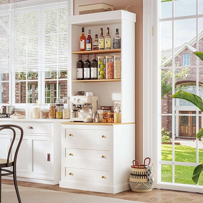71" Tall Farmhouse Kitchen Pantry, Large Storage Cabinet with Drawers, Freestanding Coffee Bar Hutch with Microwave Stand, Adjustable Shelves for Kitchen, Living Room, White