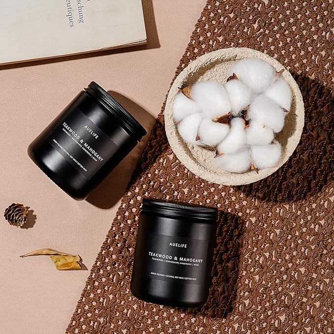 2 Pack Teakwood & Mahogany Candle | Scented Candles for Men, Man Gifts for Men - Masculine Candles - Soy Candle for Home Scented - 7oz Black Jar, Long Lasting