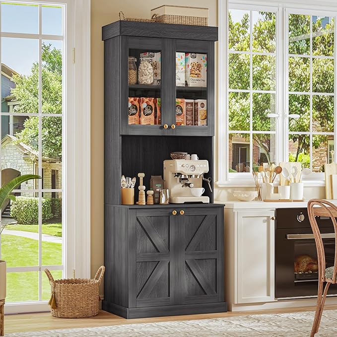 71" Tall Farmhouse Kitchen Pantry, Large Storage Cabinet with Glass Doors, Freestanding Coffee Bar Hutch with Microwave Stand, Adjustable Shelves for Kitchen, Living Room, Black