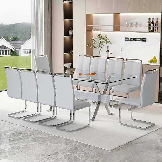 11 Piece Glass Dining Table Set, 79" Modern Dining Table Set for 10, 0.5" Thick Tempered Glass Tabletop with Silver Chrome Metal Legs and Grey Crossbar, 10 PU Chairs for Dining Room, Kitchen