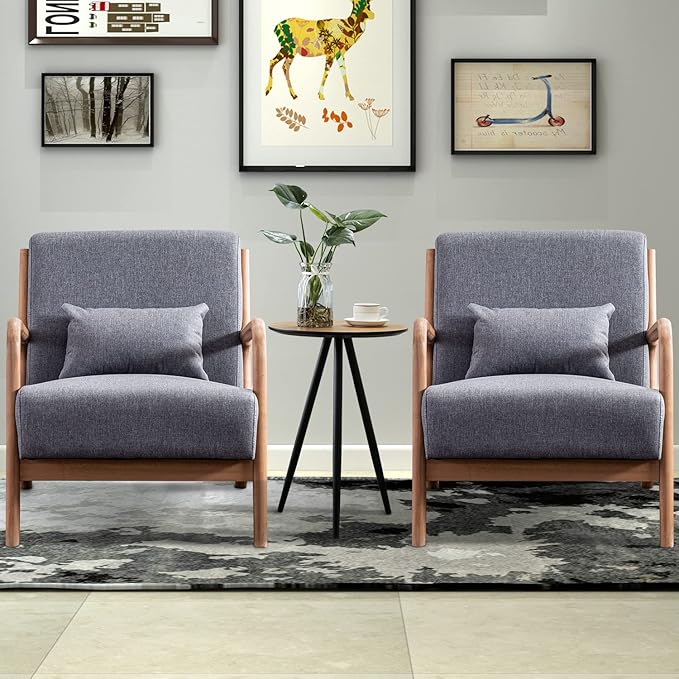 INZOY Mid-Century Modern Accent Chair Set of 2, Dark Grey Living Room Chairs with Waist Cushion, Upholstered Reading Armchair for Bedroom Sunroom