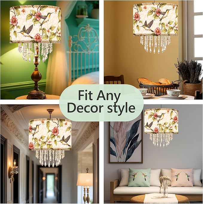 Star Vision Hummingbird Floral Drum Fabric Lampshade with Acrylic Beaded Droplets, Natural Botanical Light Shade for Pendant Table Wall & Floor Lamps, Garden-Themed Bedroom Living Room Entryway Décor
