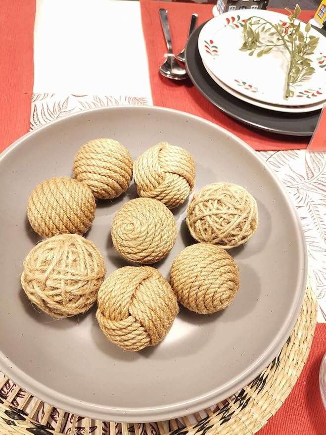 Rustic Jute Orbs Set of 8, Farmhouse Decorative Balls for Bowls, Vase Fillers, Christmas Centerpiece, Handwoven Home Decor Ornaments, Potpourri Accents