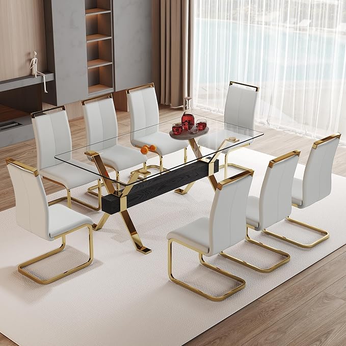 9 Piece Glass Dining Table Set, Kitchen Table Chairs Set for 8, 71'' Dining Table with 0.4" Tempered Glass Tabletop with Plated Metal Legs and MDF Crossbar, 8 PU Chairs for Dining Room, Kitchen.