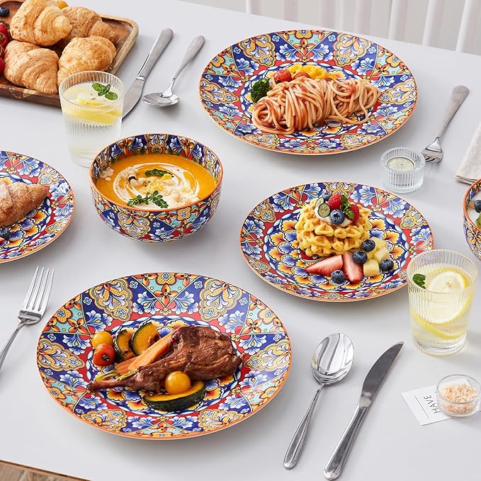 vancasso 12 Pieces Dinnerware Sets, Orange Plates and Bowls Set, Porcelain Dishes Set for 4, Microwave and Dishwasher Safe, Scratch Resistant, Bohemian Style Dining Ware Service for 4, Series SIMI