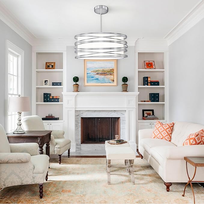 16 inch Modern Drum Pendant Light 3-Lights Brushed Nickel Chandelier Dining Room Light Fixture, Adjustable Ceiling Pendant Kitchen Light Fixture Over Table for Living Room Bedroom