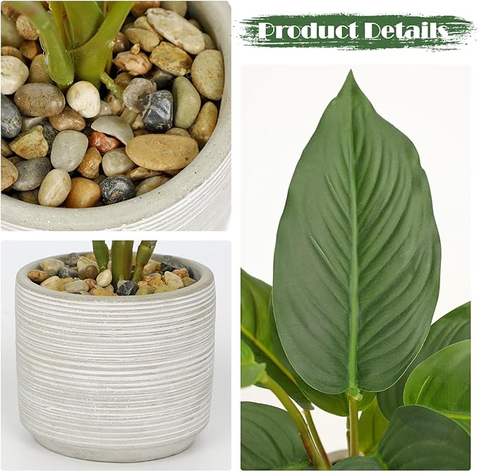 Small Fake Plants Indoor 14.5 Inch Potted Plant Artificial Decor 12 Leaves Faux Plant with Cement Pot Silk House Plants for Home Office Bathroom Kitchen Farmhouse Table Centerpieces Shelf Decor
