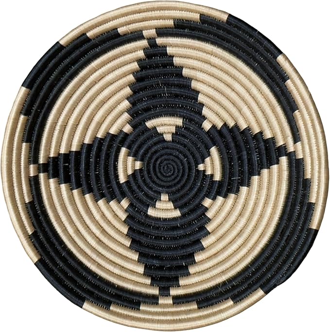 Handwoven African Basket Handmade sisal Fruit Bowl Wall Hanging decorative Baskets for Home Living Room Kitchen Centerpiece Zen Designs Arts and Crafts (Floral Tan Black, 10in diameter)