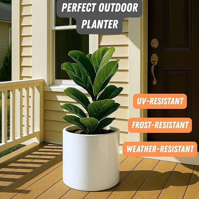 Fox & Fern Large 12 Inch Planter — Premium Lightweight Fiberstone Glossy White Plant Pot; Drainage Plug; Large Indoor & Outdoor Floor Planter; 12 Inch Pots for Plants; Weather Resistant & UV Resistant