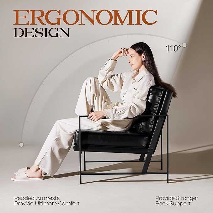 Yaheetech PU Leather Armchair, Retro Leisure Accent Chair with Extra Soft Padded and Cushion, Modern Reading Arm Chair with Black Metal Frame for Living Room/Office/Bedroom/Study Black