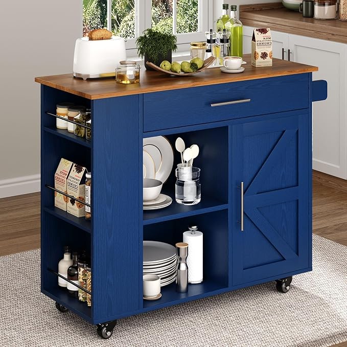4 EVER WINNER Kitchen Island with Storage, Kitchen cart with Spice Rack & Towel Rack, Cabinet & Drawer, Small Kitchen Island with Open Shelves, Blue