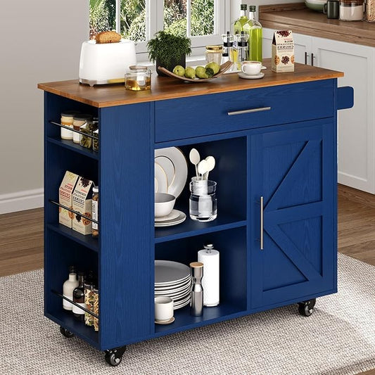 4 EVER WINNER Kitchen Island with Storage, Kitchen cart with Spice Rack & Towel Rack, Cabinet & Drawer, Small Kitchen Island with Open Shelves, Blue