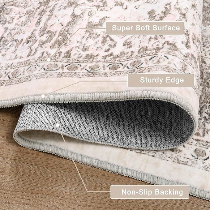 LIVEBOX 8X10 Area Rugs for Living Room, Washable Beige Neutral Boho Rugs Large Soft Non-Slip Rug, Low-Pile Vintage Medallion Rug, Retro Faux Wool Indoor Carpet for Dining Room Bedroom Office