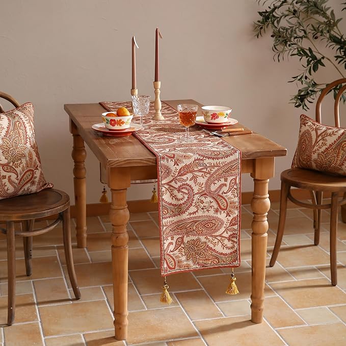 Designer Elegant Red Linen Table Runner 87 Inches Long,Vintage Paisley Pattern Durable Table Runners for Dining Tables,Thanksgiving,Kitchen Tables,Christmas,12"*87"-Chauffrey A
