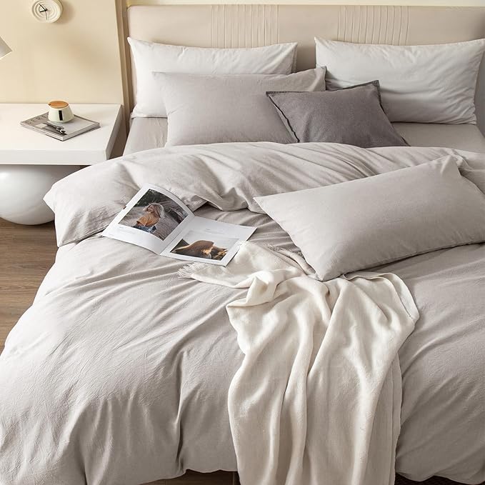 JIYUAN 100% Washed Cotton Duvet Cover Set 3 Pieces King, 1 Duvet Cover 104x90 Inches(Comforter Not Included) and 2 Pillowcases,Linen Feel Bedding Set Comfy and Breathable, Heathered Cream Grey