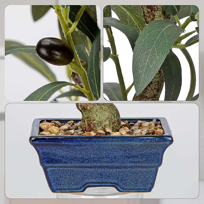 Briful Small Olive Trees Artificial Decor 18'' Fake Olive Plant with Blue Bonsai Pot Decorative Olive Tree for Home Office Countertop Kitchen Table Farmhouse Decor
