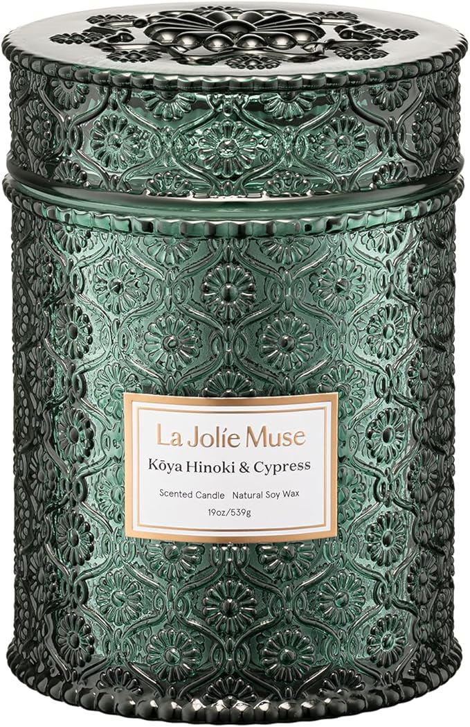 LA JOLIE MUSE Kōya Hinoki & Cypress Scented Candle – Pine, Leather & Hinoki | 19 oz Festive Christmas Candle | Wooden Wick | Clean Burn & Vibrant Scent | Fun Gift for Hosts & Fall Tablescapes