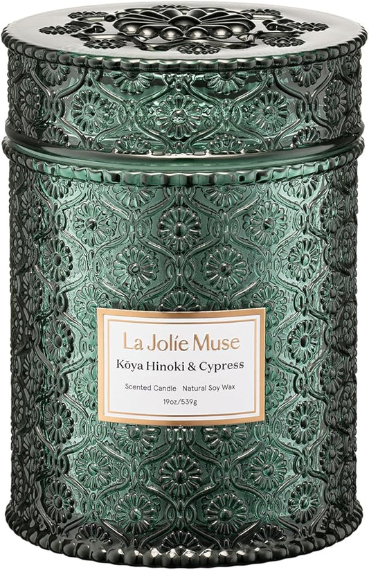 LA JOLIE MUSE Kōya Hinoki & Cypress Scented Candle – Pine, Leather & Hinoki | 19 oz Festive Christmas Candle | Wooden Wick | Clean Burn & Vibrant Scent | Fun Gift for Hosts & Fall Tablescapes