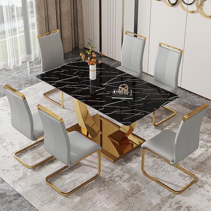63” Dining Room Table Set for 6,Gold Rectangle Kitchen Table Set with PU Leather Chairs,Black Faux Marble Tempered Glass Top and Golden Base