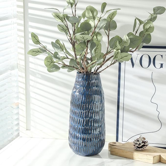 Blue Ceramic Vase for Home Decor, 12.6 Inch Tall Flower Vase with Modern Textured Finish,Decorative Floor Vase for Pampas Grass, Entryway, Living Room, Dining Table, Farmhouse or Office