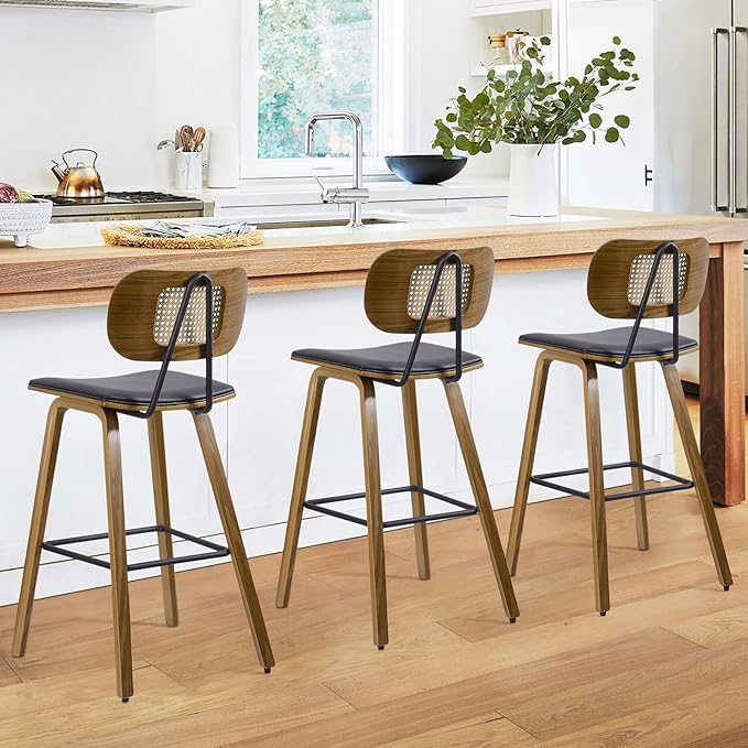 Counter Height Bar Stools Set of 3, Mid Century Modern Counter Stools, 26" Wood Kitchen Stool PU Leather Upholstered Barstool with Rattan Back, Counter Height Island Dining Bar Chair, Black