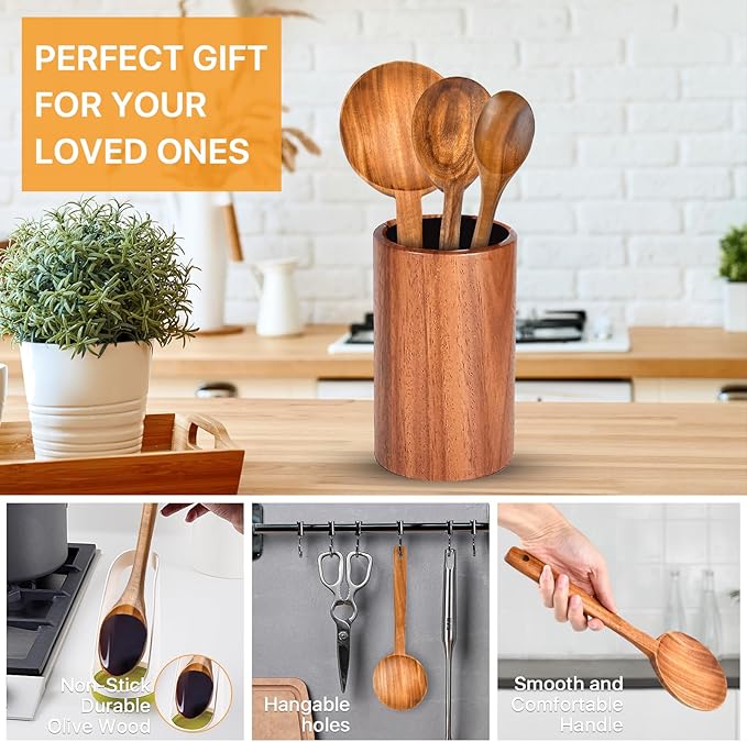 3 Pcs Olive Wood Cooking Spoon Set, Wooden Spoons, Long Handle Wooden Cooking Utensil, Large Wooden Utensils for Cooking Serving Mixing Stirring(12 in, 12 in, 11.2 in)