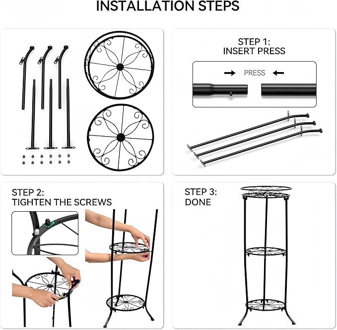 Plant Stand Indoor Outdoor, 3 Tier Tall Black Metal Plant Stands, 35 inch Round Multiple Plant Rack Holder Rack Flower Pot Stand Heavy Duty Plant Shelf for Patio Balcony Garden Living Room