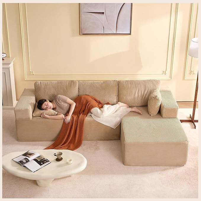 107" Boneless Couch with Deep Seat, Modular Sectional Sofa, Cloud Sectional Couch for Living Room, No Assembly Required, Corduroy, L-Shape Right，Camel
