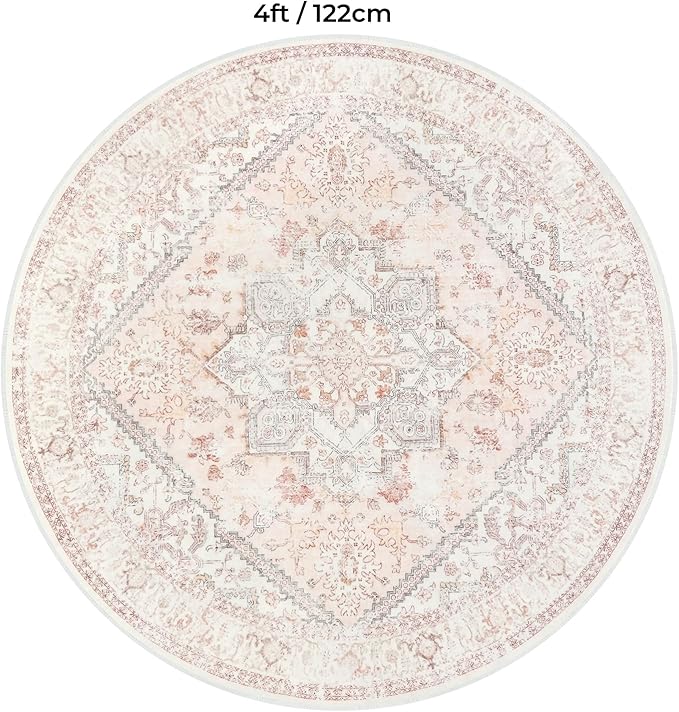 LIVEBOX Pink Round Rug 4ft - Machine Washable Circle Rug for Living Room, Non-Shedding Vintage Circular Carpet Bedroom, Low-Pile Floral Rugs Round for Girl's Room Entryway, Boho Rugs for Office