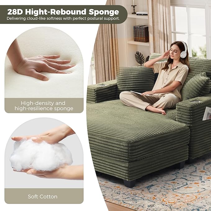 HUSFU 60'' Oversized Chaise Lounge Chair, Upholstered Sofa Bed, Sleeper Couch Reading Chairs with USB Port and Cup Holders,Comfy Cloud Sofas Couches for Living Room,Green