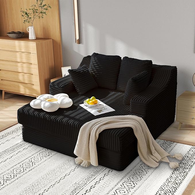 55 Inch Chaise Lounge Indoor - Oversized Chaise Lounge with 4 Throw Pillows and Armrets, Upholstered Plush Sofa Bed, Corduroy Lazy Chair Bed, Sleeper Chair for Living Room or Bedroom, Black