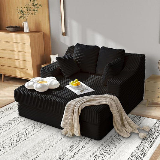 55 Inch Chaise Lounge Indoor - Oversized Chaise Lounge with 4 Throw Pillows and Armrets, Upholstered Plush Sofa Bed, Corduroy Lazy Chair Bed, Sleeper Chair for Living Room or Bedroom, Black