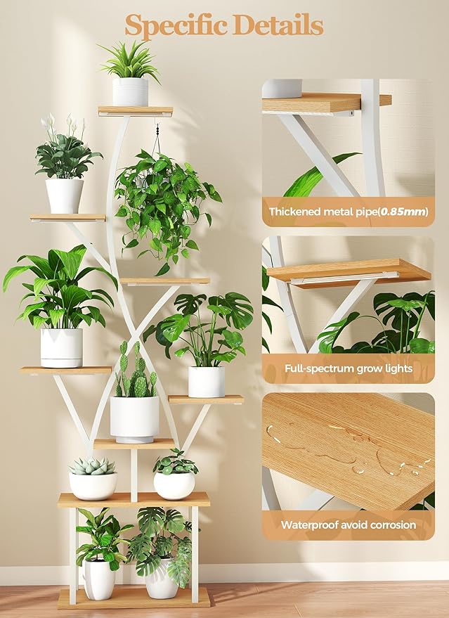 Plant Stand Indoor with Grow Lights - 64" Tall Plant Shelf Lighted Corner Plant Stands for Indoor Growing Multiple Metal 8 Tiered Large S-Shape Flower Holder Plant Rack for Home Decor Patio White