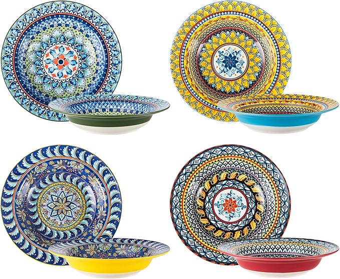 Soup and Pasta Bowls/Plates Set of 4-18 Oz Wide Rim, Porcelain Serving Bowls for Kitchen, Deep Dinner Plates - Microwave & Dishwasher Safe - Bohemian Style