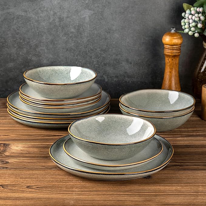 AmorArc Ceramic Dinnerware Sets,Handmade Reactive Glaze Stoneware Plates and Bowls Sets,Highly Scratch Resistant | Dishwasher & Microwave Safe Dishes Set,Service for 6 (18pc)