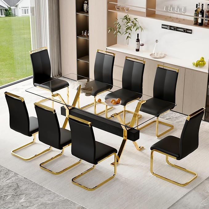 9 Piece Glass Dining Table Set, 79" Modern Dining Table Set for 8, 0.5" Thick Tempered Glass Tabletop with Gold Chrome Metal Legs and Black Crossbar, 8 PU Chairs for Dining Room, Kitchen