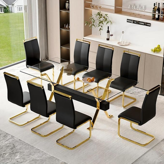 9 Piece Glass Dining Table Set, 79" Modern Dining Table Set for 8, 0.5" Thick Tempered Glass Tabletop with Gold Chrome Metal Legs and Black Crossbar, 8 PU Chairs for Dining Room, Kitchen